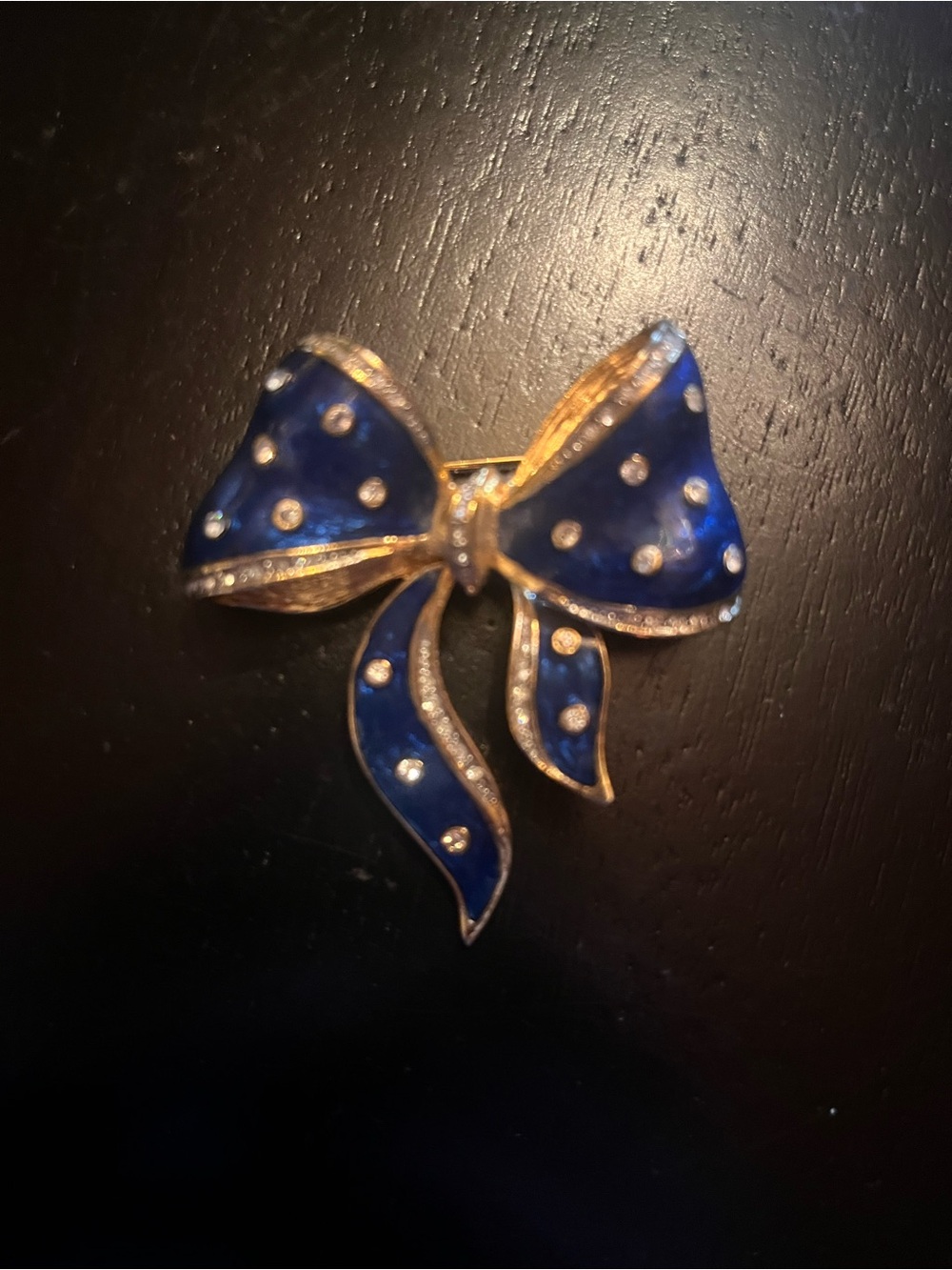 Vintage Style Blue Bow Pin Brooch with Crystal Accents